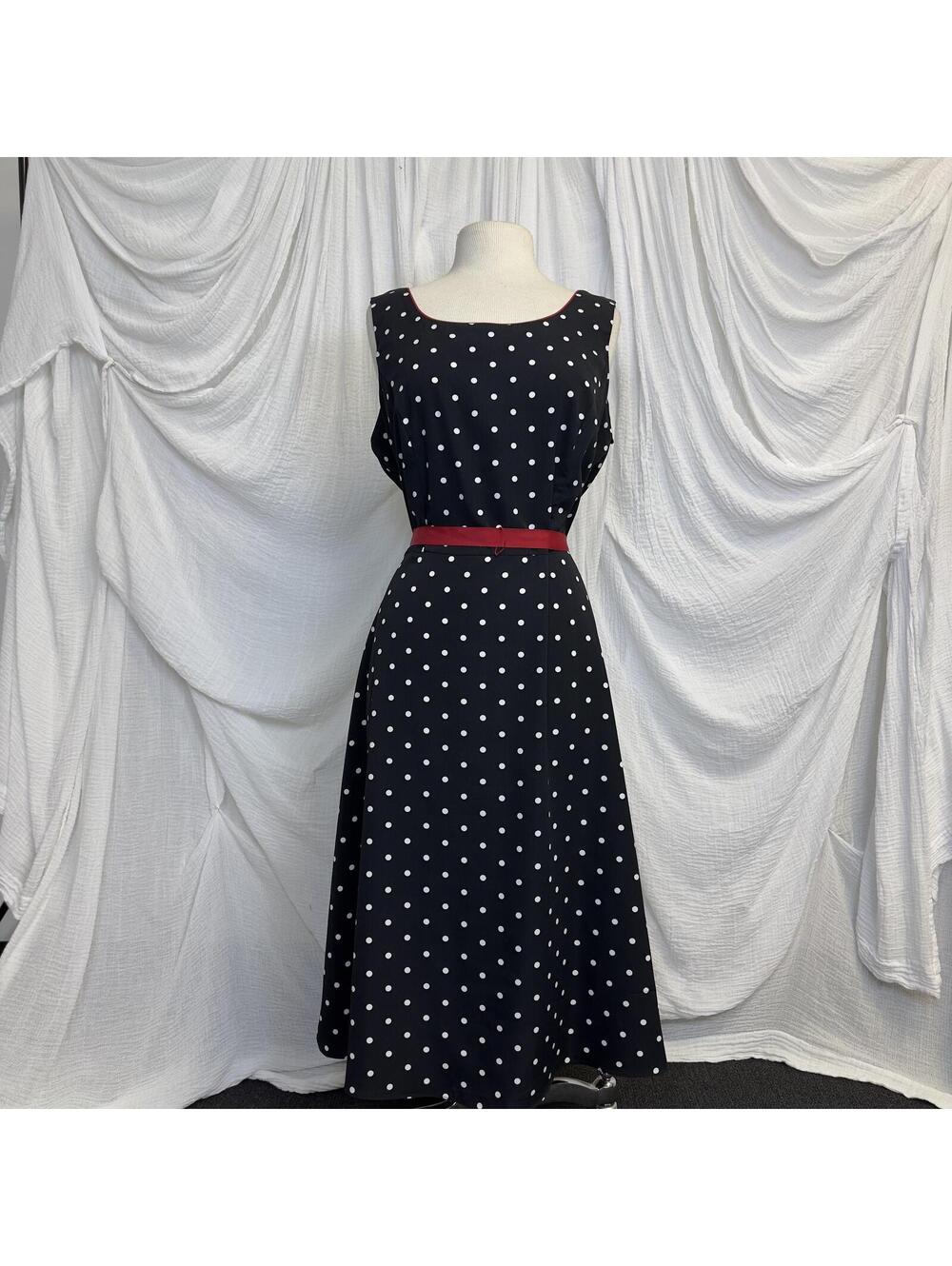 Vintage 50s Esc Preppy Black Polka Dot Midi Dress with Red Belt Size 16